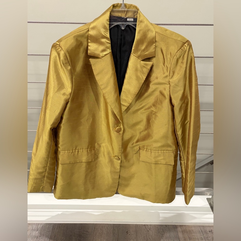 Chendayi -Gold Satin Blazer Jacket • Metallic Statement Evening Party Chic 💛 - Picture 2 of 7